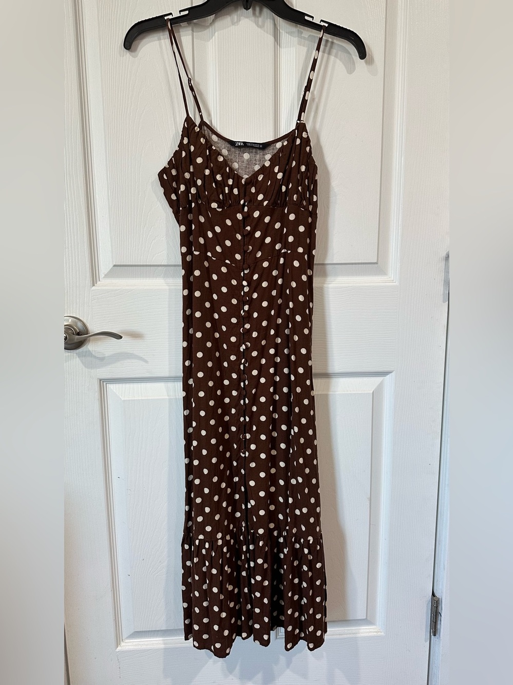 Zara Brown and White Polka Dot Spaghetti Strap Maxi Dress